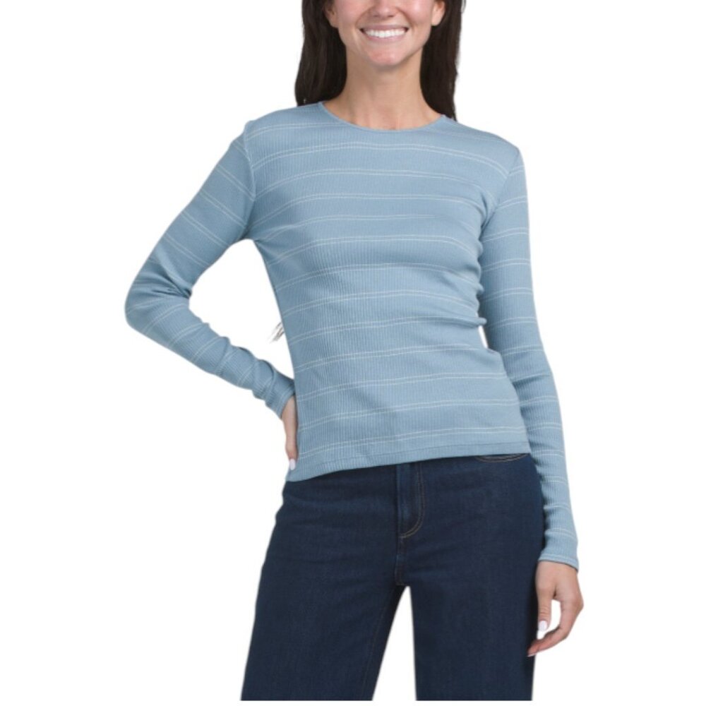 VINCE Pima Cotton Striped Long Sleeve Crew Neck Top